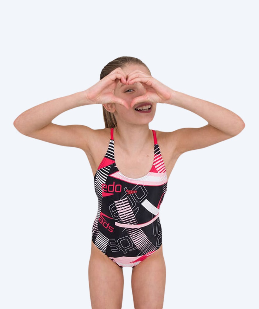 Speedo badedragt til piger - Junglespeak Allover Tieback - Sort/rød/lyserød