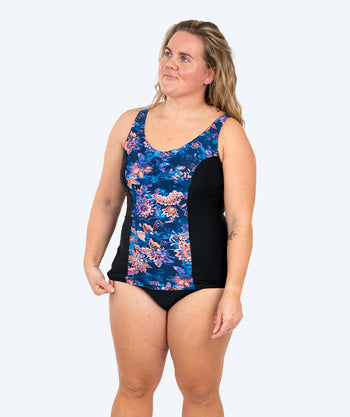 Watery Badeanzug mit Blumen für Damen in Plus Size - Vale - Schwarz/Lila